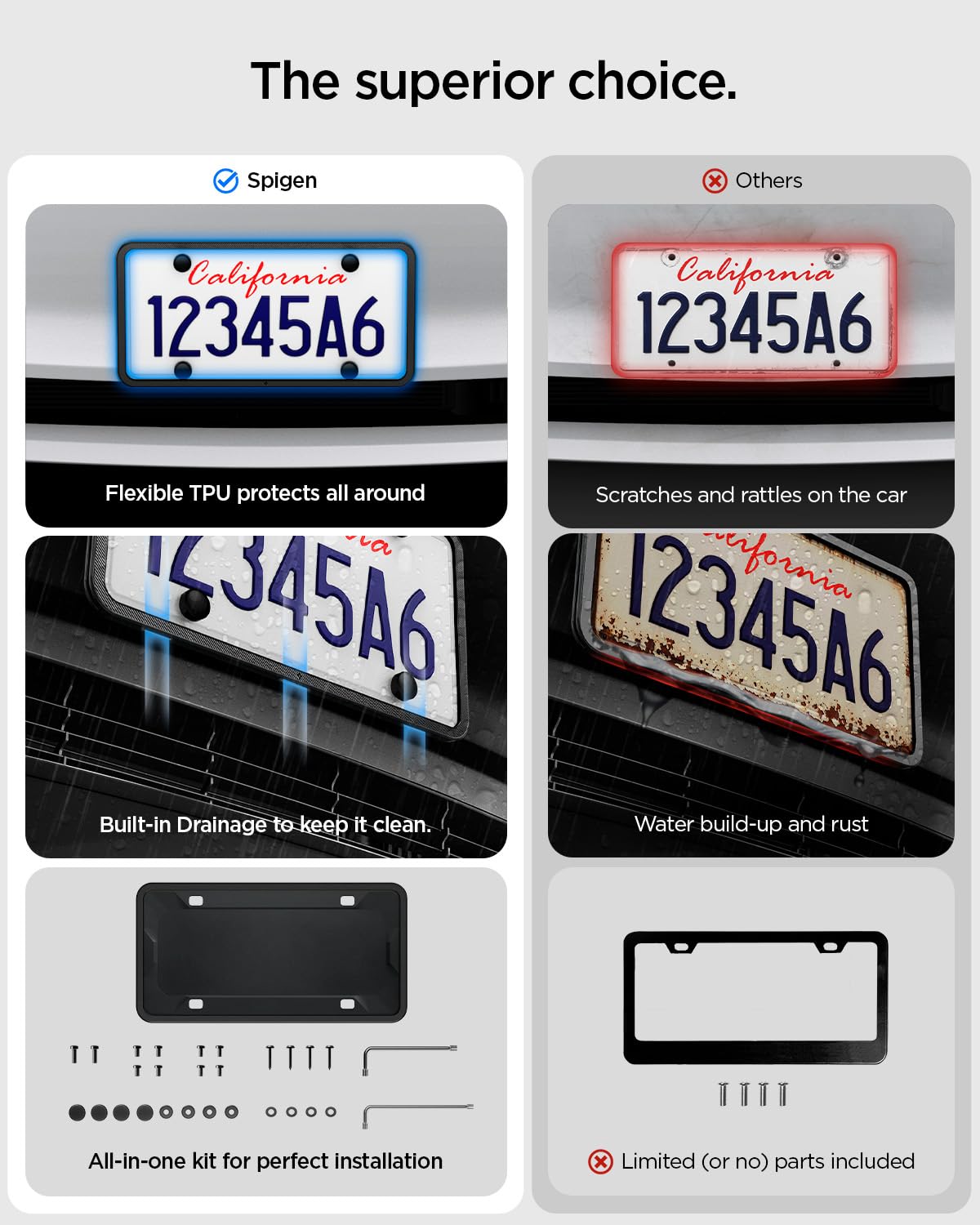 Spigen Car License Plate Frame Holder (Rattle Proof and Weather Proof) [1 Pack] with Screws & Installation Kit Designed for New Tesla Model Y Juniper, Model 3/Y/S/X/Cybertruck & All Cars (Black)