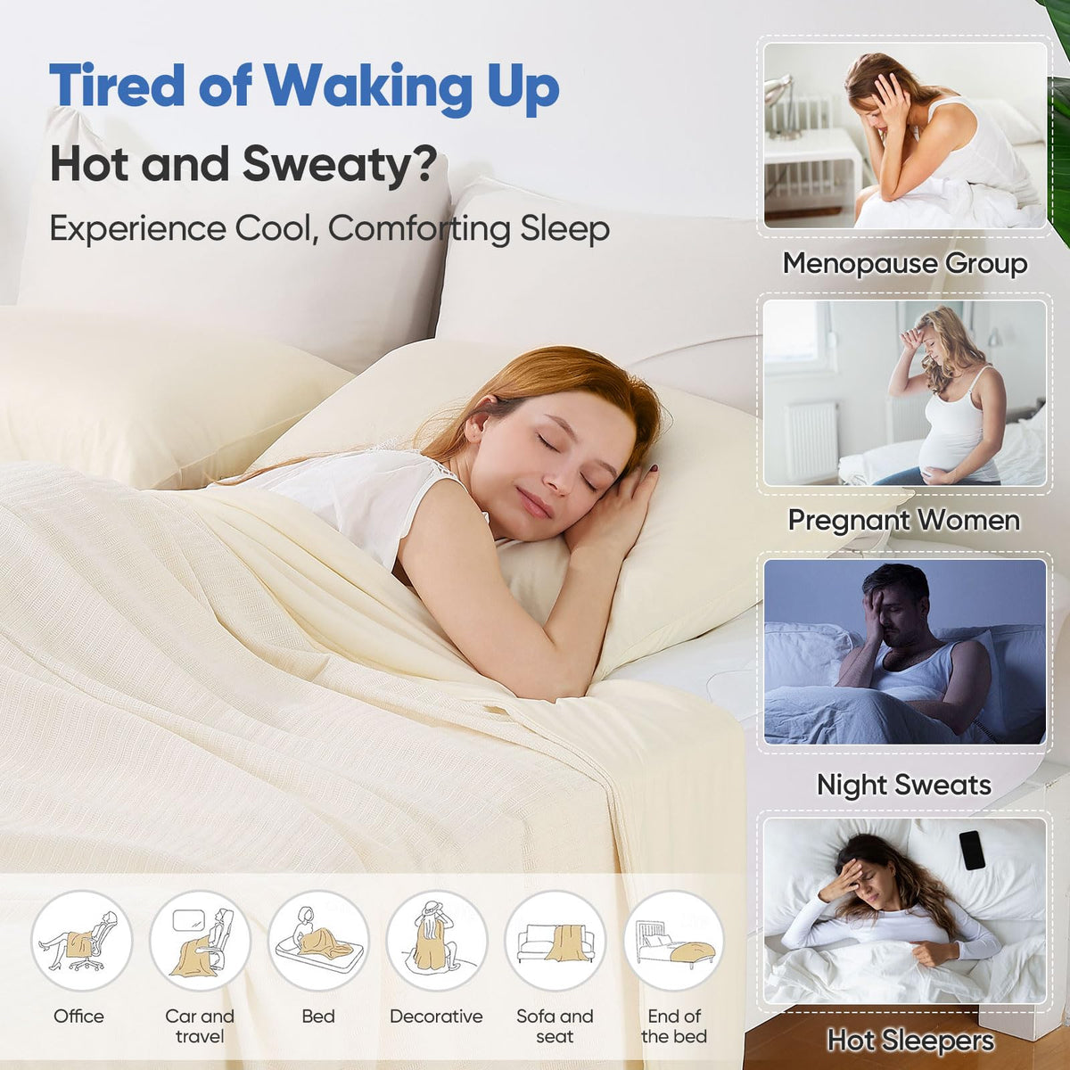 Marchpower Cooling Blanket Queen Size, Double-Sided Summer Blanket, Arc-Chill 3.0 Cold Blanket (Q-max > 0.5), Soft Chenille Throw, Breathable Cool Blanket for Hot Sleepers, Beige, 79" X 86"