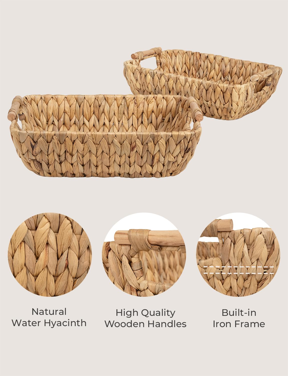 StorageWorks Hand-Woven Large Storage Baskets with Wooden Handles, Water Hyacinth Wicker Basket for Organizing, 2-Pack