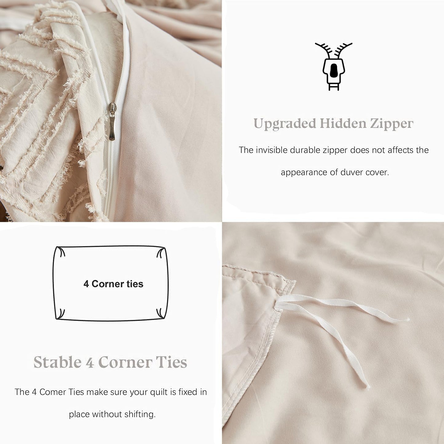 YASMENG Beige Duvet Cover Set King Size - Boho Tufted Jacquard with Geometric Plaid Pattern Duvet Cover Shabby Chic Embroidery Bedding Khaki Soft Microfiber Farmhouse Tufts Textured Comforter Cover