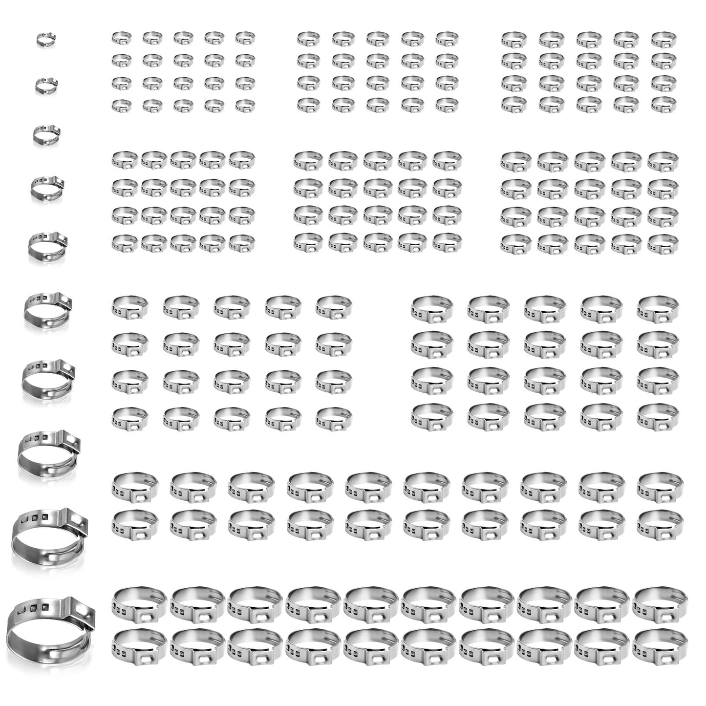 Supkiir 200 Pcs Single Ear Hose Clamps 5.8-28.6mm, 304 Stainless Steel Stepless Hose Clamp Clips, Pincer Cinch Rings Pex Crimp Rings Assortment Kit for Water Pipe, Plumbing, Automotive