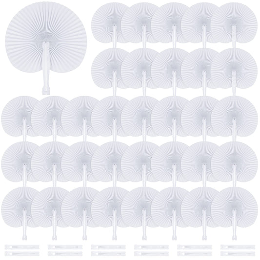 MCEAST 100 Pieces White Party Paper Fans Decorations Folding Fan Handheld Fan Round Shaped Paper Fans with Handle Hand Fans for Wedding Birthday Party Favors
