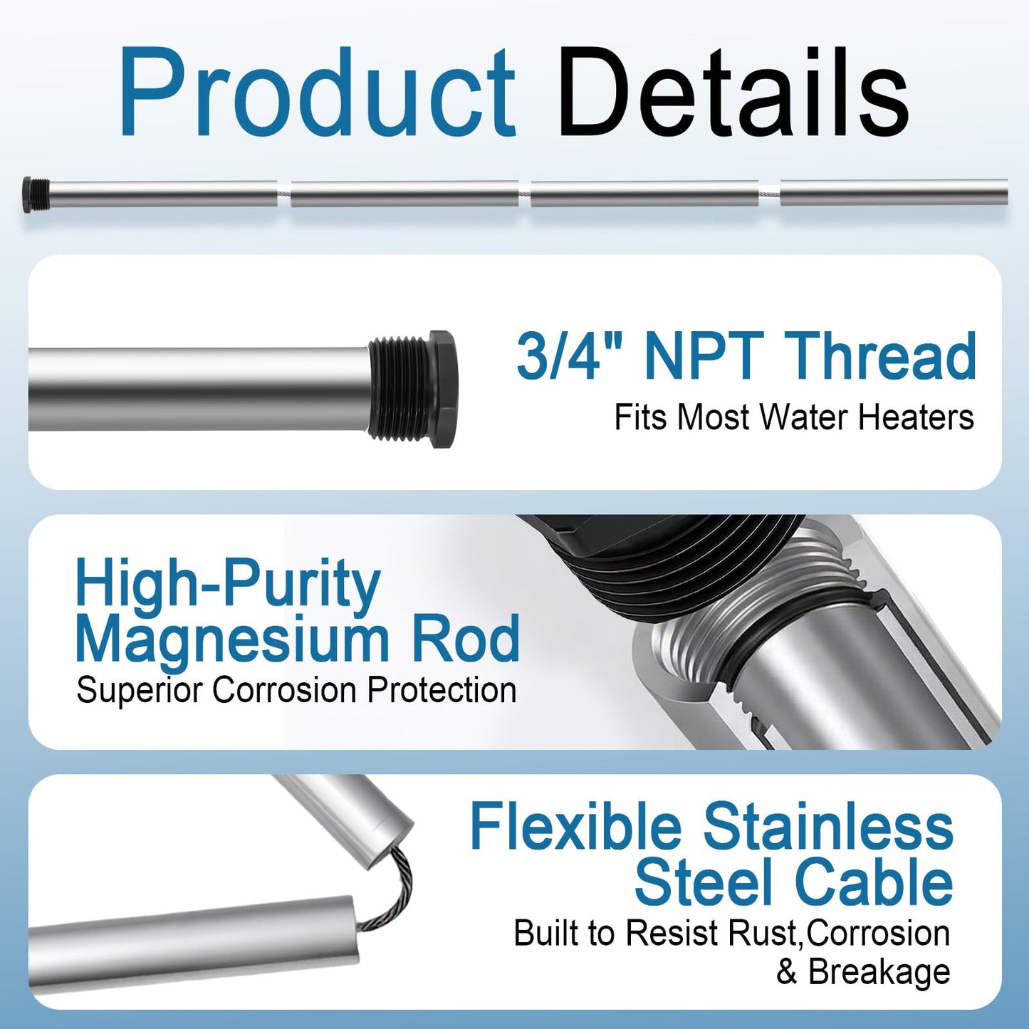 Magnesium Flexible Anode Rod for Hot Water Heaters, 44'' Long, 0.8'' Diameter, 3/4 NPT Thread with 1-1/16 Inch Hex Socket Tool and Teflon Tape