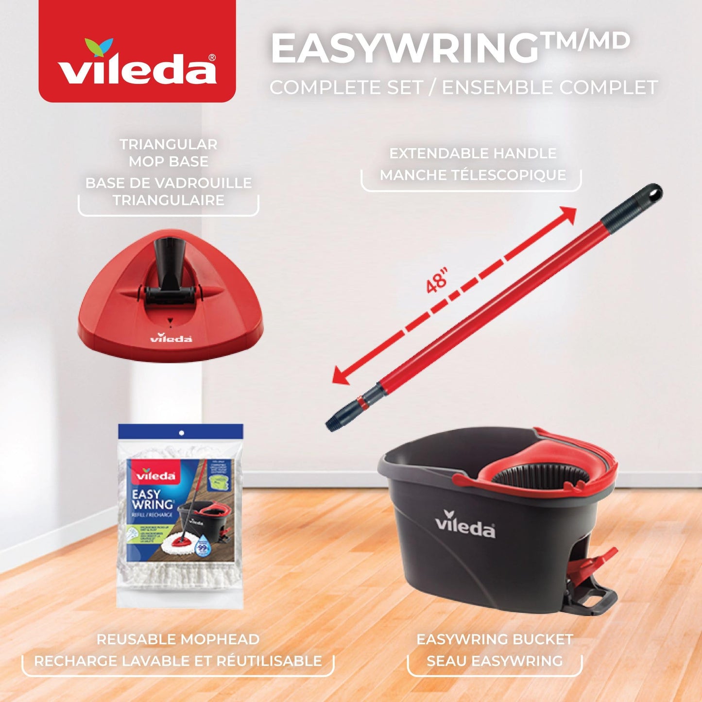 Vileda EasyWring Spin Mop System with 1 Extra Head Refill | Machine Washable & Reusable Mop Head | Hands-Free Wringing Mop Bucket | Extendable Handle | Safe on All Floor Types