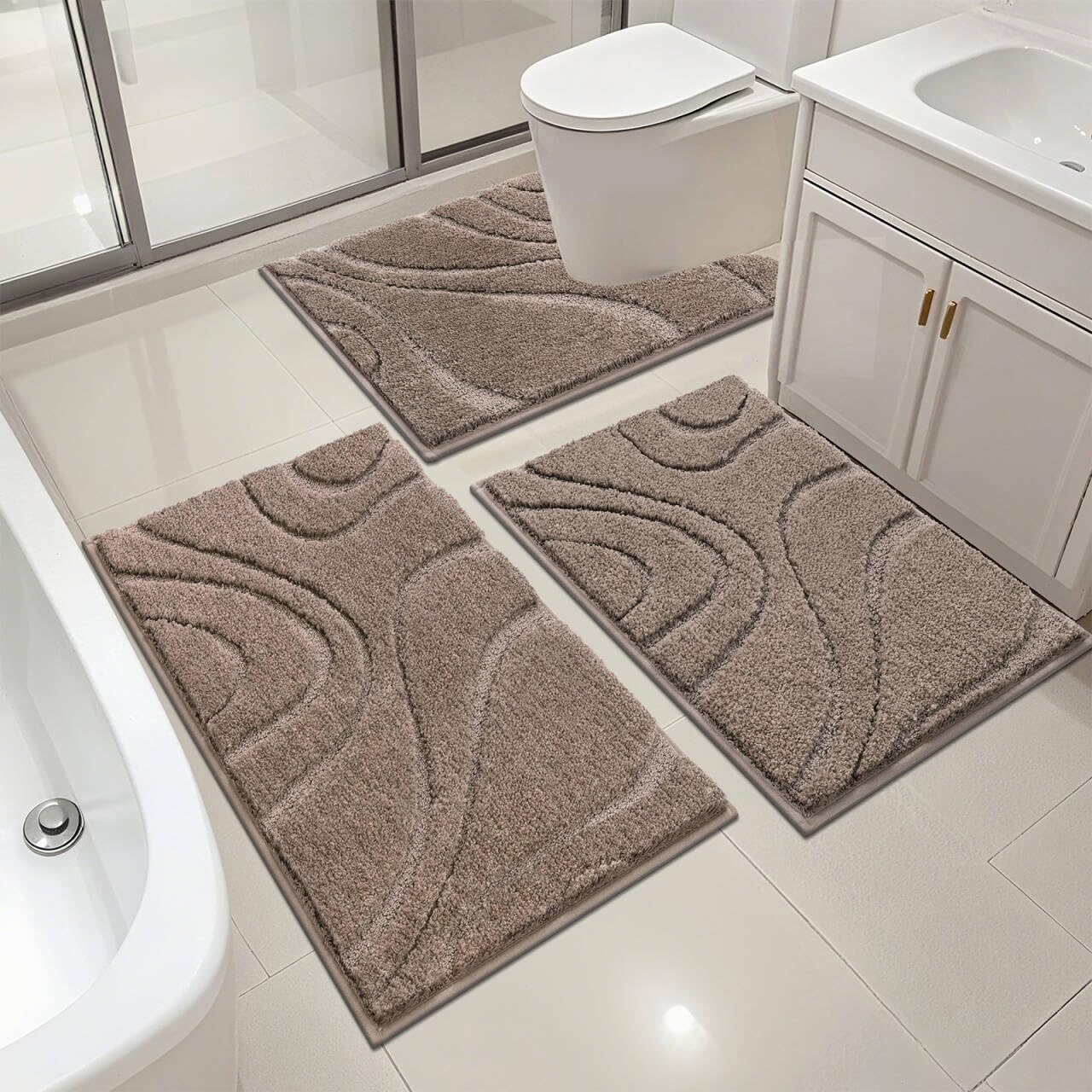 HEBE Microfiber Bath Mat Set 3 Piece, Ultra Absorbent Bathroom Mat, Non-Slip Plush Shaggy Bathroom Rug, Machine Washable Bath Mats for Bathroom Floor, Tub and Shower, Brown