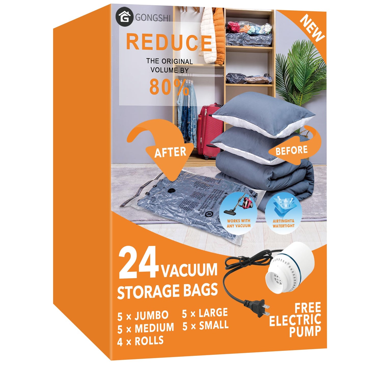 24 Pack Vacuum Storage Bags with Electric Pump, (5 Jumbo,5 Large,5 Medium,5 Small,4 Roll Up Bags) Space Saver Bag for Clothes, Mattress, Blanket, Duvets, Pillows, Comforters,Travel