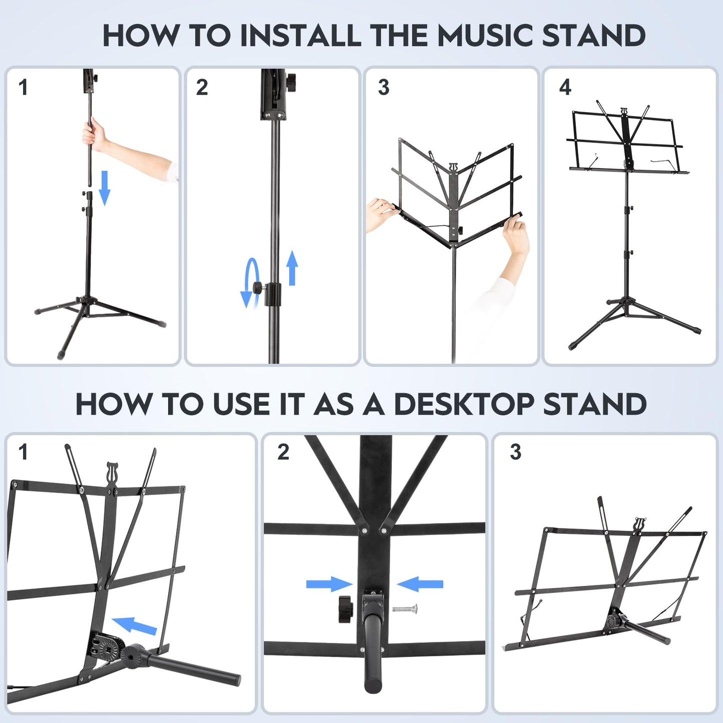 New bee 2 Pack Music Stand for Sheet Foldable with Carrying Bag, Metal Sheet Music Stand Portable, Adjustable Podium Stand with Tripod Base and Sheet Music Folder