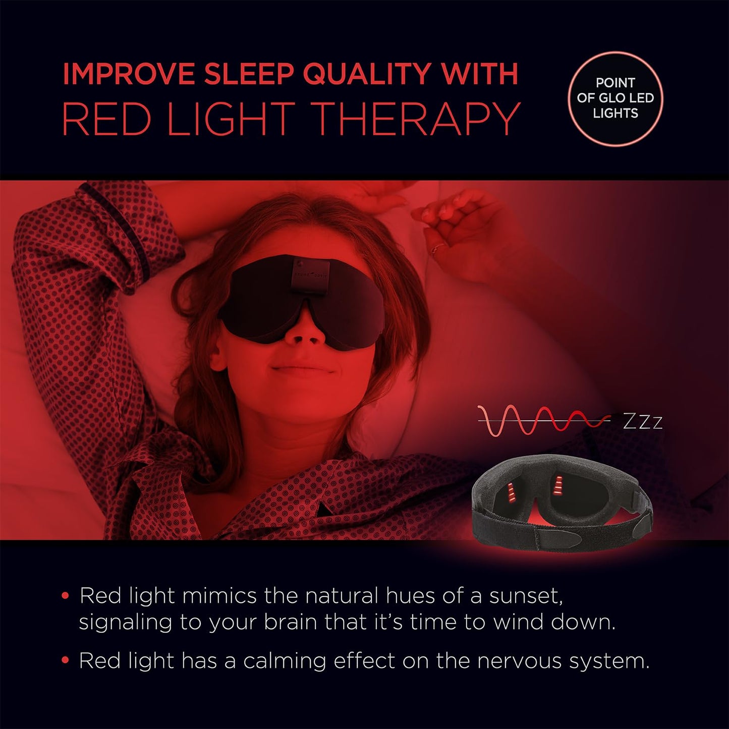 Advanced Glo to Sleep Eye Mask, Nighttime Adult Sleep Aid for Men & Women, Deep REM Sleep, Relaxation, Red & Blue lighting, patented Sleep Enhancement Technology helps you fall asleep quickly.
