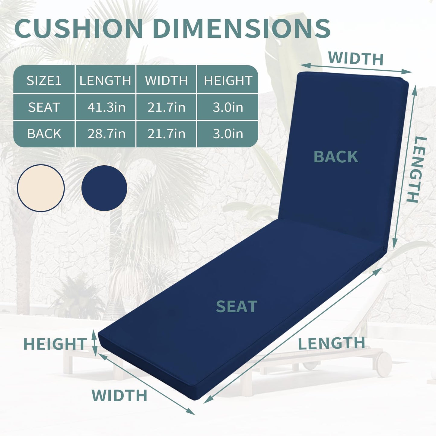 Iheqard Outdoor Chaise Lounge Cushions for Patio, 74"x22"x3" Lounge Chair Cushions Set of 2, Waterproof Replacement Seat Cushions for Outdoor Furniture (Blue, 1 Pcs)