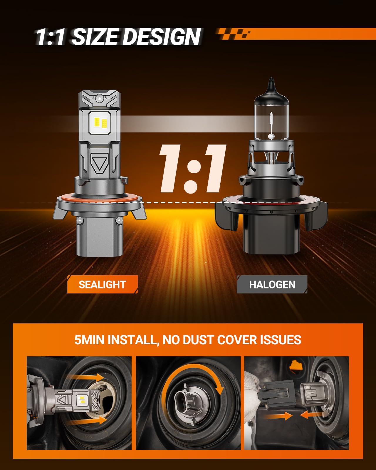 SEALIGHT H13/9008 LED Headlight Bulbs, 48000LM 900% Brighter High Beam/Low Beam Super Bright LED Headlights Conversion Kit, 6500K Cool White Plug and Play Halogen Replacement, Pack of 2