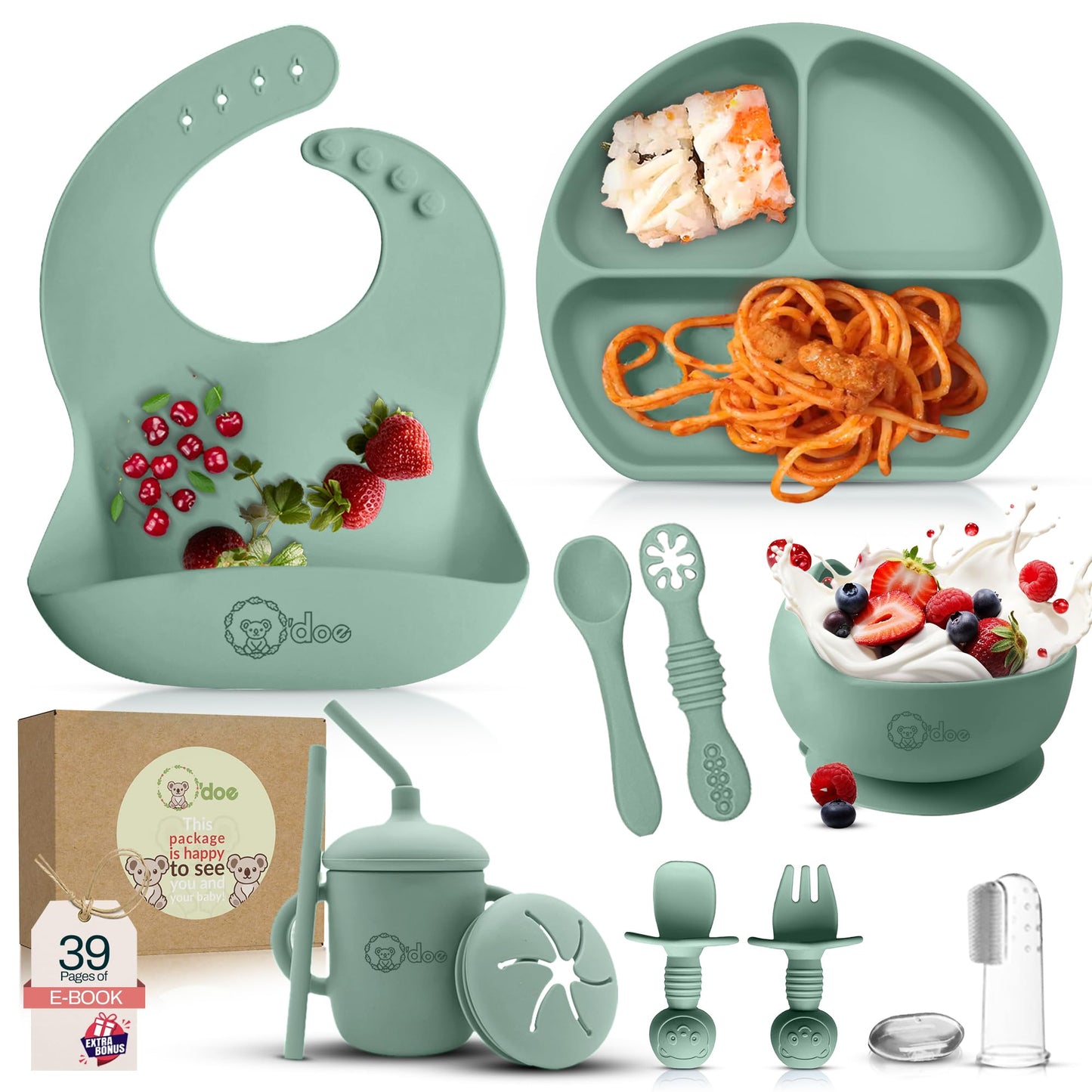 O'doe 11 Pcs Baby Led Weaning Feeding Supplies for Toddlers, Baby Feeding Set | Suction Silicone Baby Bowl Self Eating with Fruit Feeder, Cup, Bibs, Food Plate Kit with Lid 6+ Months