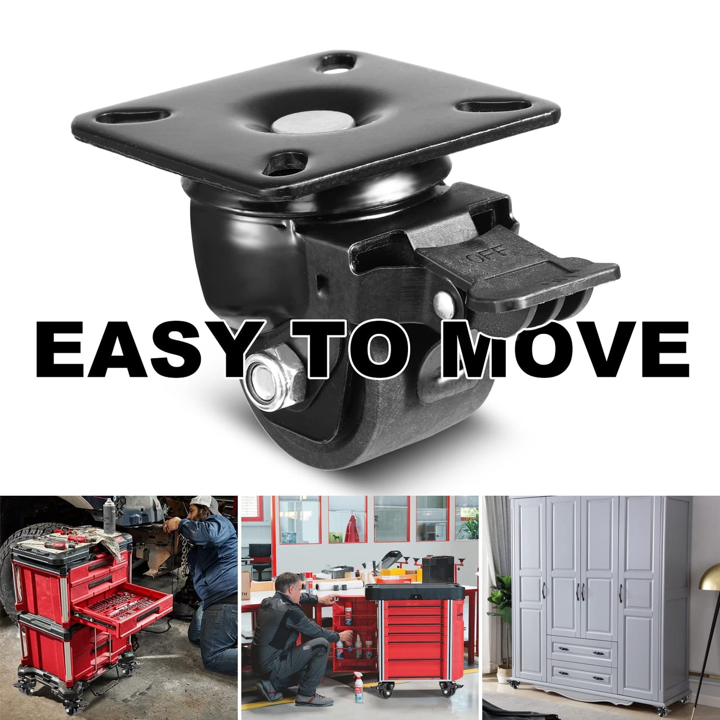 W B D WEIBIDA 2” Plate Swivel Caster Wheels Set of 4 Heavy Duty, Load Capacity 2200lbs, Low Gravity Center Design Black Caster Wheels Dual Locking, Durable & Quiet & Sturdy Nylon Wheels for Industrial