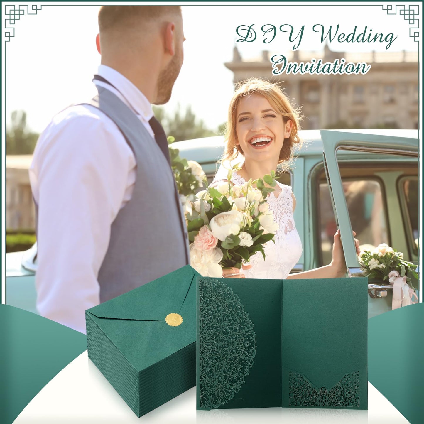 PerKoop 100 Set 5 x 7 Laser Cut Wedding Invitation with Envelopes and Wax Seal Stickers Blank Pocket Invitation Cards Kit for Wedding Bridal Shower Engagement Invite(Dark Green)