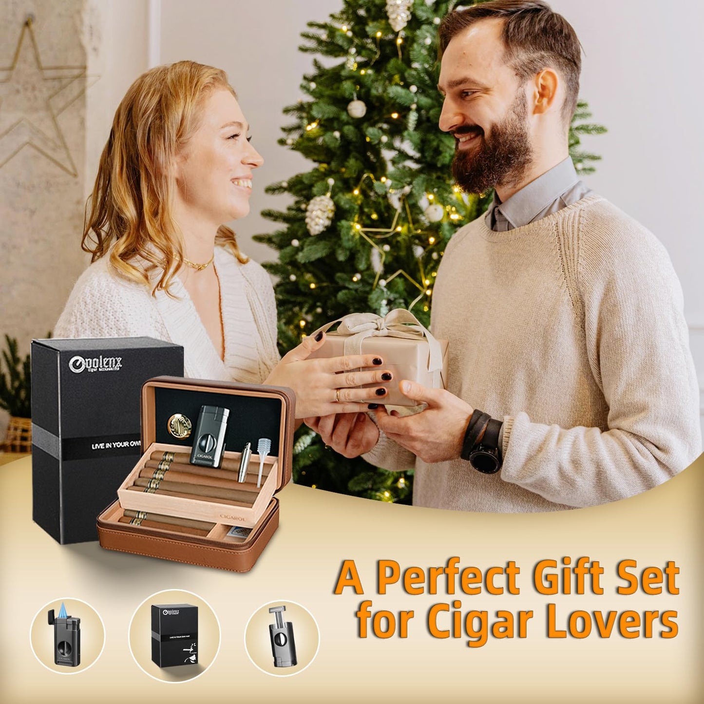 10-Finger Cigar Travel Humidor Cigar Case with Triple Flame Cigar Lighter, Leather Cigar Box with Round Humidifier, Cigar Punch and Dropper, Cedar Wood Humidor Cigar Box Gift Box Storage Box