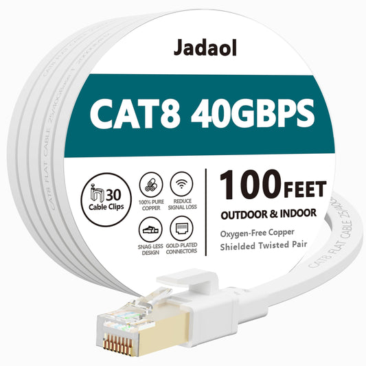 Cat8 Ethernet Cable, Outdoor&Indoor, 100FT Heavy Duty High Speed Cat 8 LAN Network Cable, 40Gbps 2000MHz RJ45 Flat Internet Computer Patch Cord, Weatherproof S/FTP UV Resistant for Router/Modem/Gaming