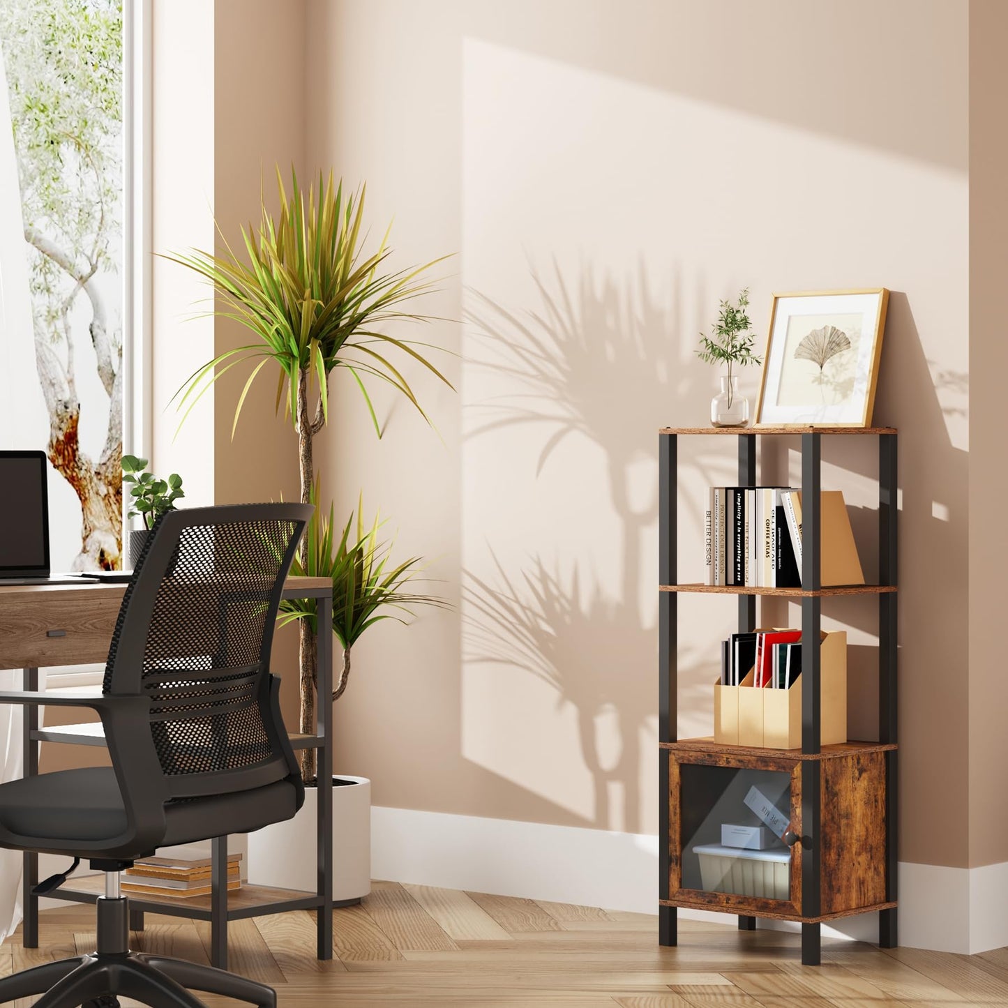 TUTOTAK 4 Tier Bookcase and Bookshelf, Narrow Book shelf with Door for Small Space, for Living Room, Office, Study, Entryway, Brown BS03BB004