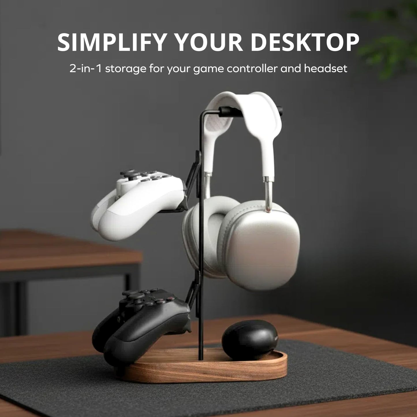 muso wood Gaming Headphones Stand, Walnut & Aluminum Headset Stand for Desktop Organizer, Suitable for PS5, Xbox, Switch, AirPods Max, Minimalist Desk Decor