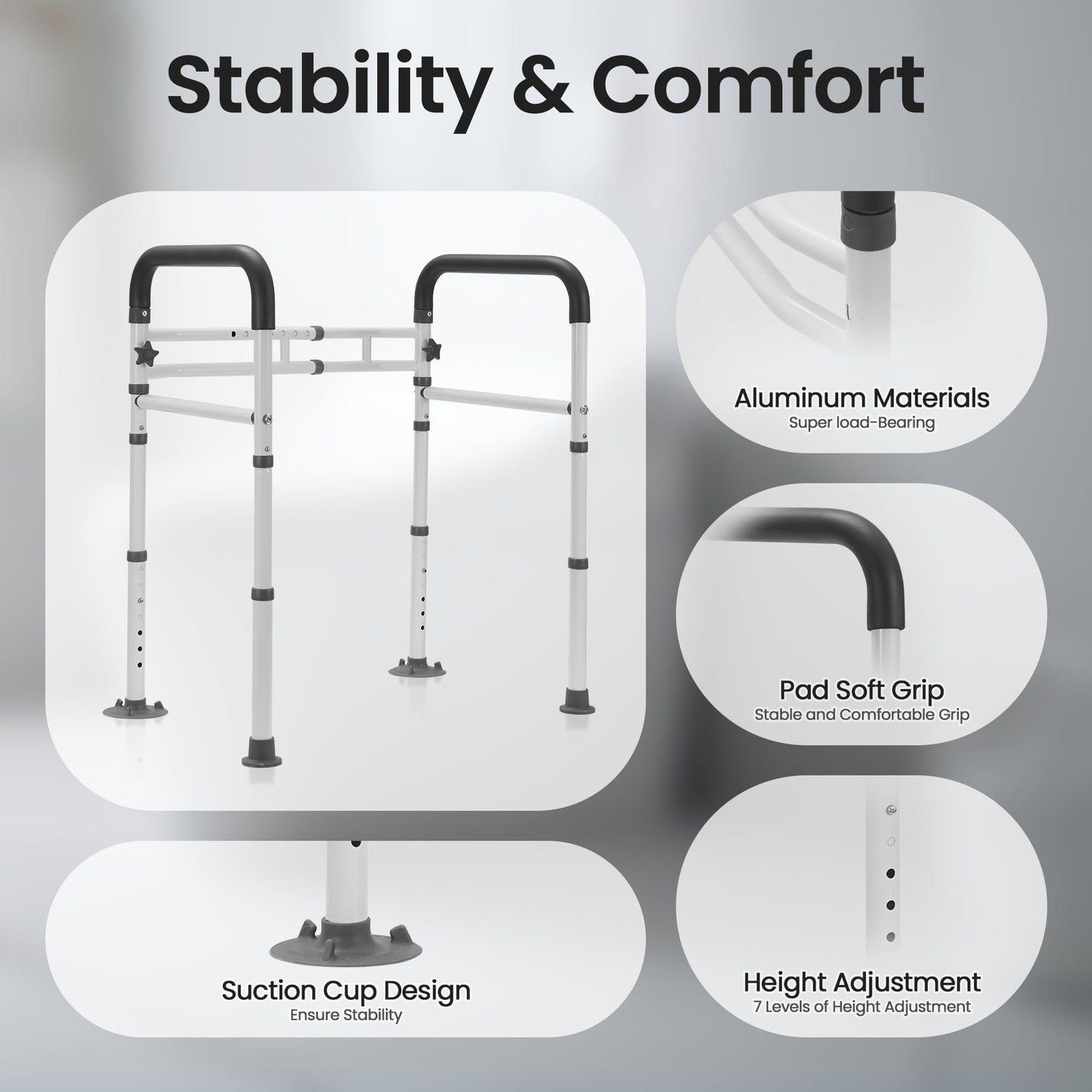 Careboda Toilet Safety Frame Rails, Toilet Handles for the Elderly Disabled, Adjustable, Stand Alone Non-Slip Toilet Frame, Removable Folding Handrails, Fits most Toilet Seats, 300lbs Capacity