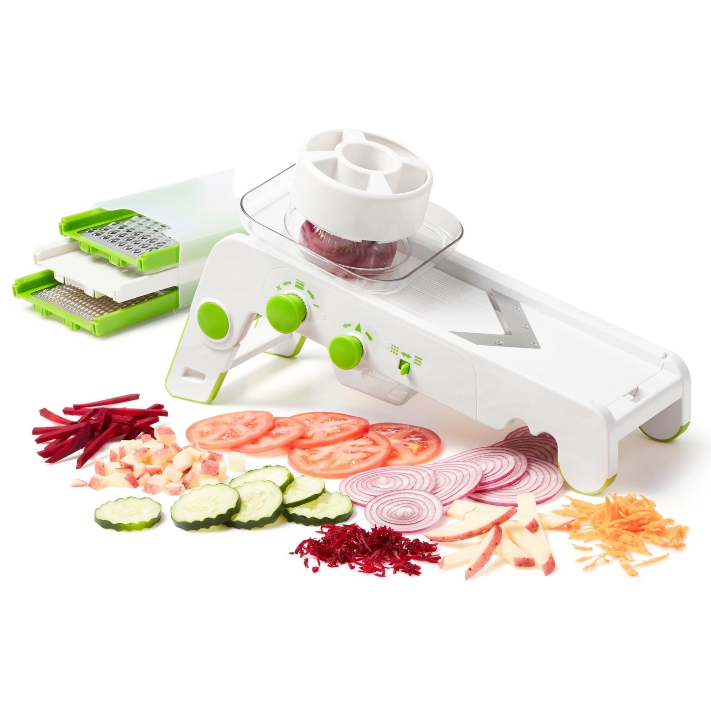 Starfrit Cubing Pro Mandoline Slicer, Dicer - 4 Blades & Graters with Storage Box - Straight & Crinkle V-Blades, Fine & Coarse Graters - 10 Thickness Settings, 3 Julienne Sizes
