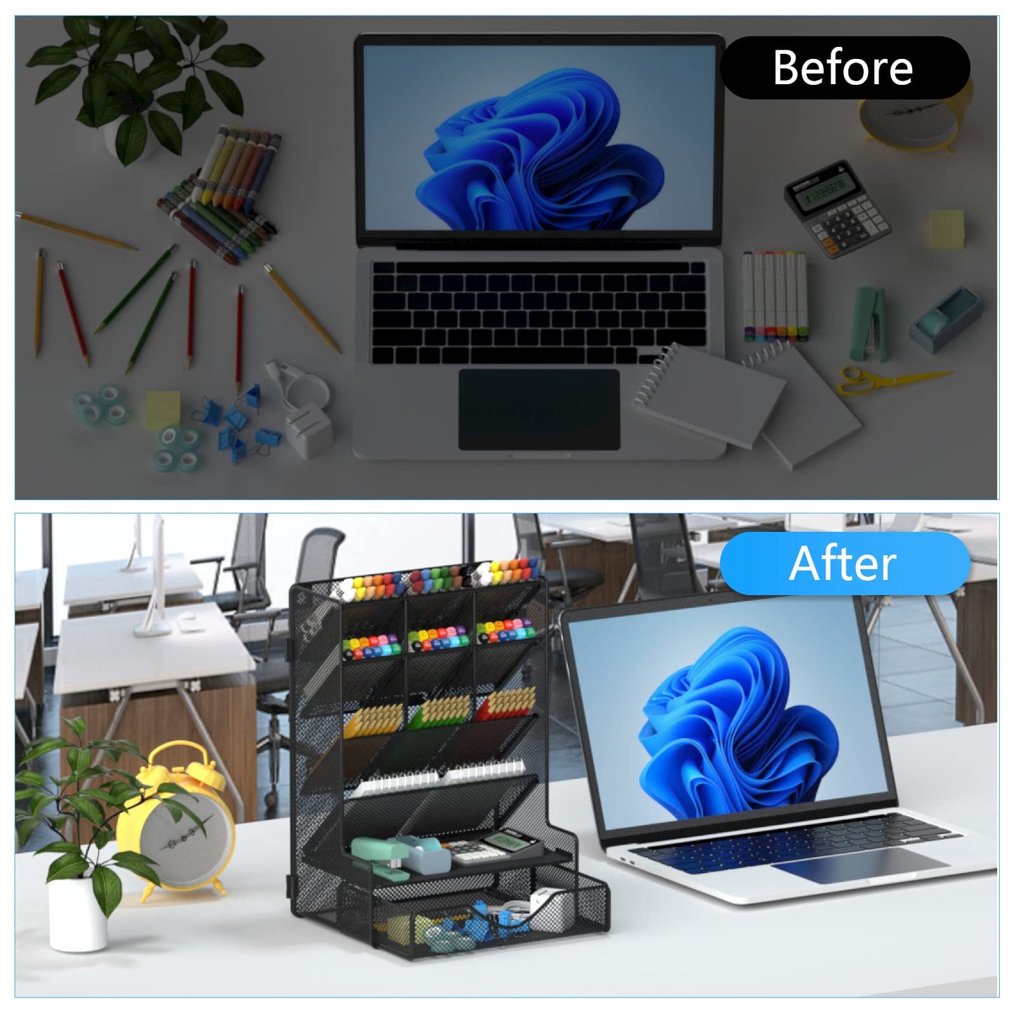 BOHDK Pen Organizer for Desk, Multi-Functional Desk Organizer, Hanging Wall Pen Holder with Drawer for School, Office, Home, Art Supplies, Black