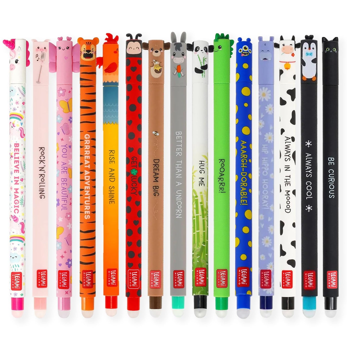 LEGAMI - Set of 15 Erasable Gel Pens with Thermosensitive Erase Ink, Range of ink colours & barrel designs, 0.7mm Tip, Animal Designs, Ladybug, Monster, Tiger, and Farmyard
