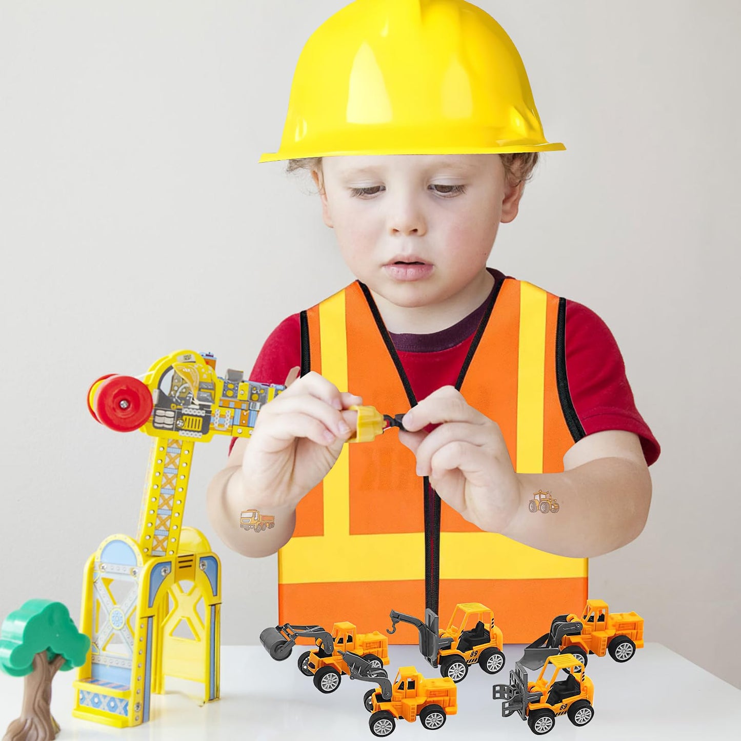 58Pcs Kids Construction Worker Costume, Includes Orange Safety Vest Bulk Worker Hats Tote Bags Construction Vehicles Stickers