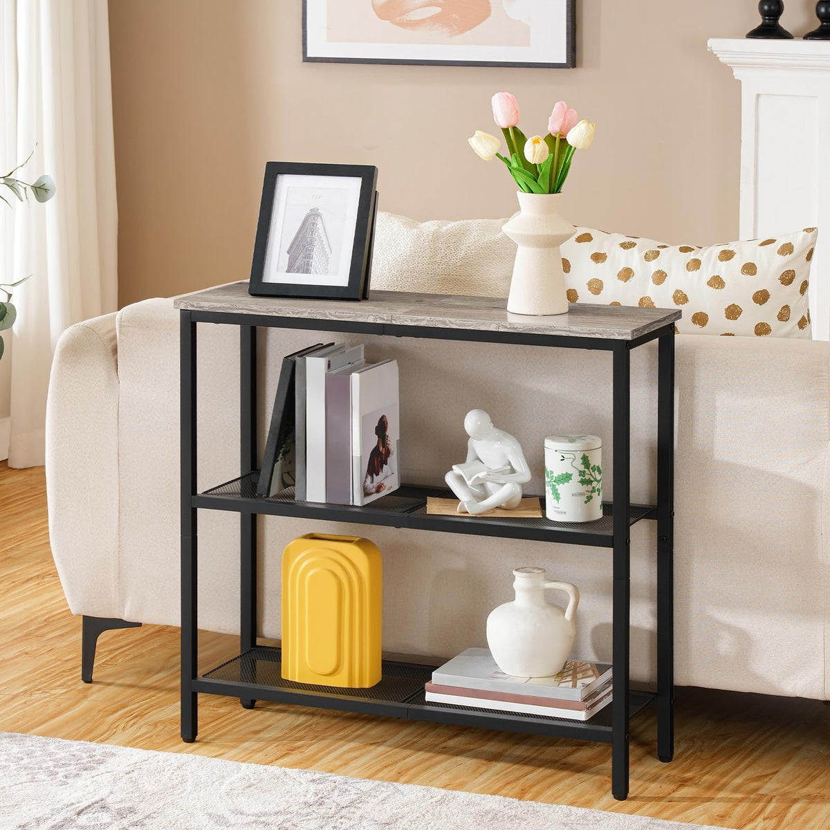 HOOBRO 75 cm Narrow Console Table, 3-Tier Entryway Table, Thin Sofa Table with Shelves, Side Table, Display Table, for Hallway, Entrance, Living Room, Bedroom, Greige and Black BG73XG01