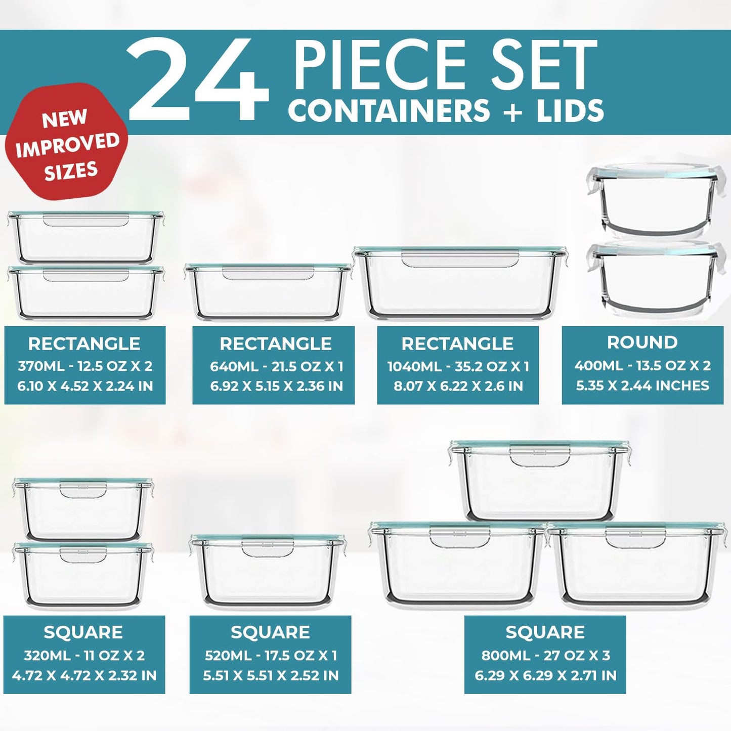 Razab 24 Pc Glass Food Storage Containers with lids Airtight & Leakproof - Reusable Glass Meal Prep Containers for Lunch and Leftovers - Oven, Freezer, Microwave & Dishwasher Safe