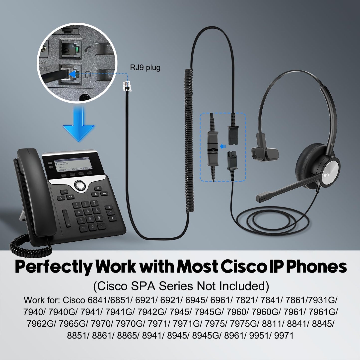 MKJ Phone Headset with Microphone, Noise Cancelling Wired VoIP Headphone for Call Center, Office Headset with RJ9 Jack for Cis co Phone 7841 7861 7942G 7961G 7962G 7971G 7975G 8841 9951 9971