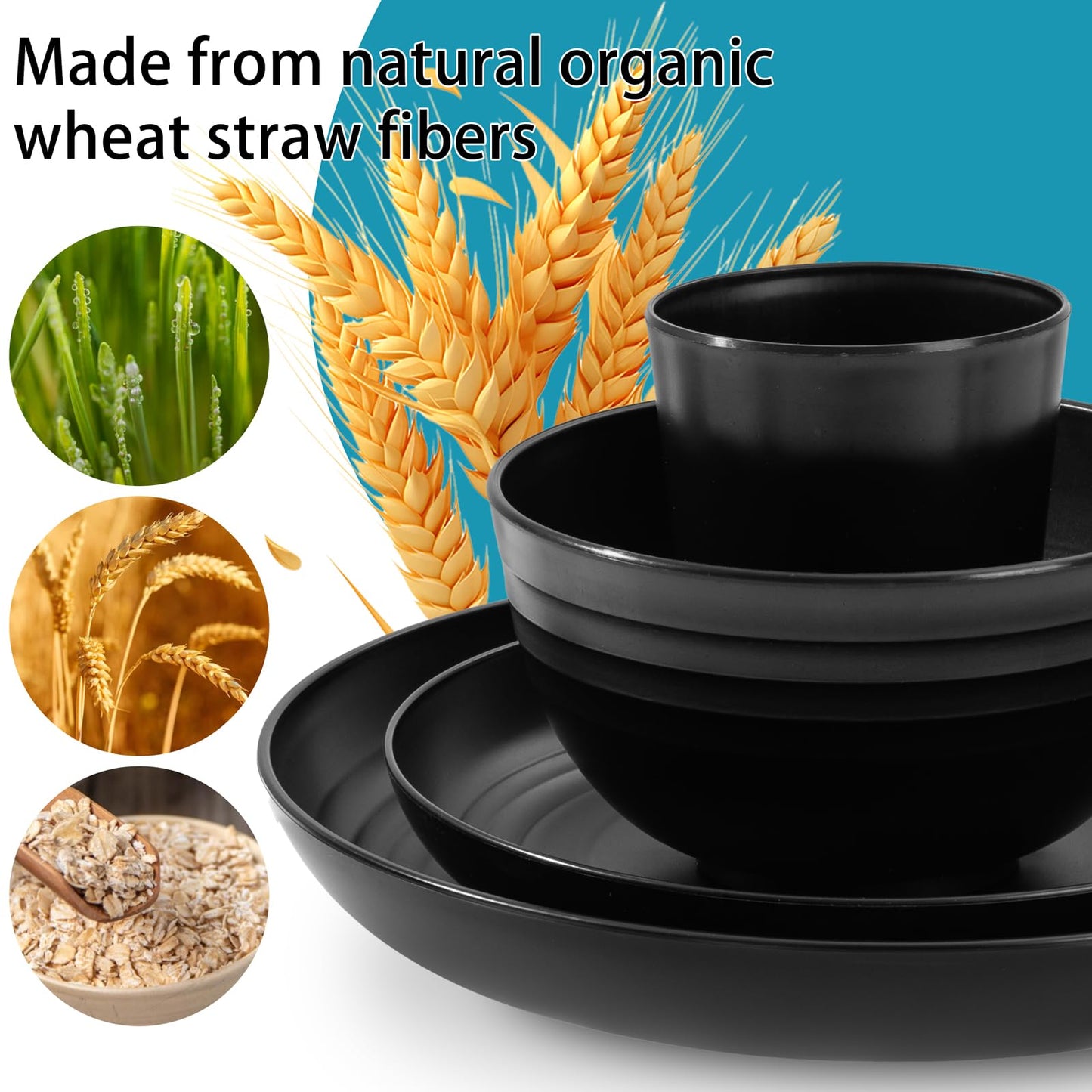 Supernal Wheat Straw Dinnerware Sets,Unbreakable Dinner Plates for 8, Dishwasher Safe,Reusable Dinnerware,Black Set 16pcs Plates, 8pcs Bowls, 8pcs Cups，Perfect for Party Birthday and Wedding