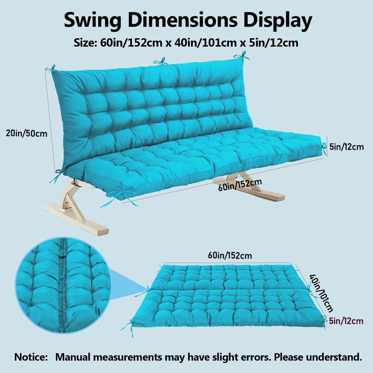 FAMIROSA Porch Swing Cushions, 60 x 40 x 4in Thick Replacement Cushions for Outdoor Furniture, 2-3 Seater Water-Resistant and Comfortable Bench Chair Cushion with Backrest for Patio Yard Garden, Blue