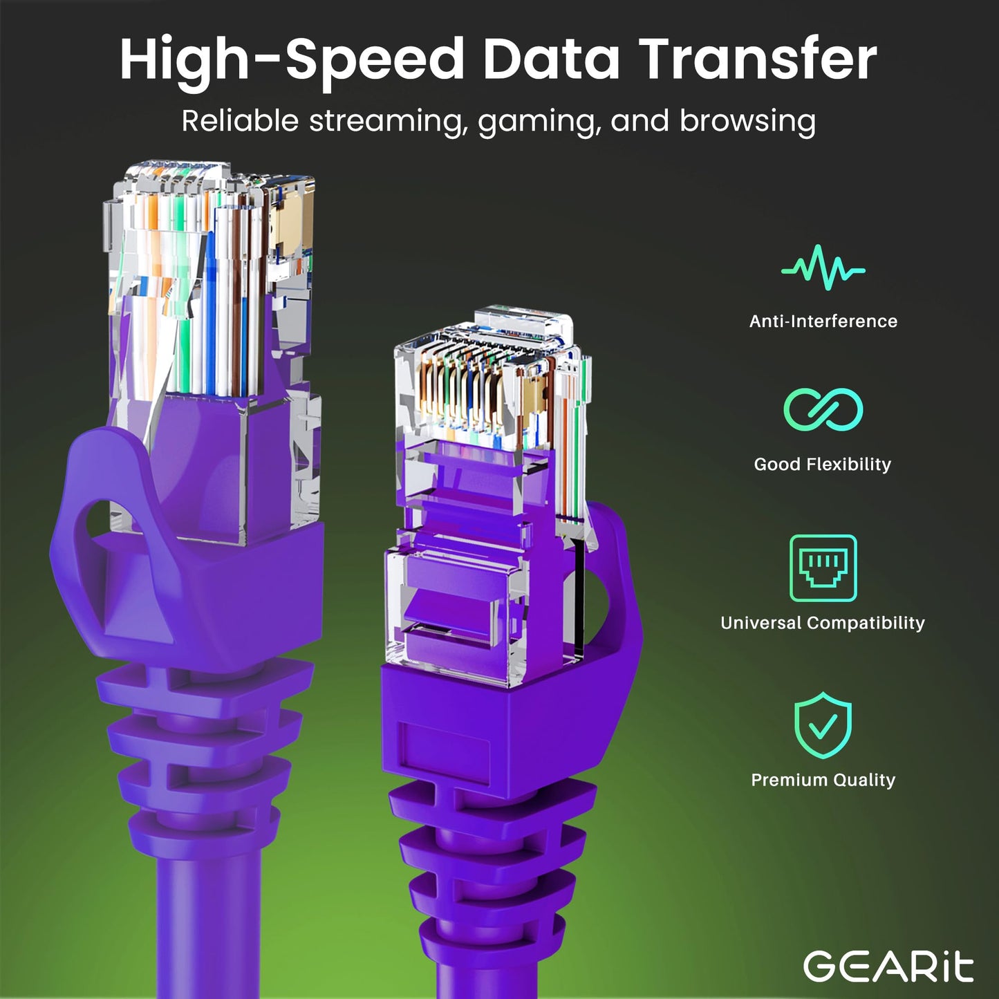 GEARit 50-Pack Cat6 Patch Cable 1 Foot Cat 6 Ethernet Cable Snagless Flexible Soft Tab - Premium Series - Purple