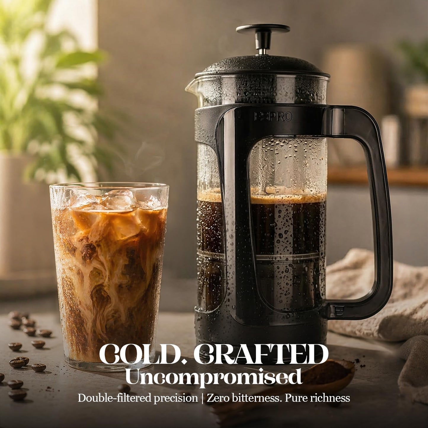 ESPRO Light P3 French Press Coffee Maker – Patented Double MicroFilter for Grit-Free Brew, High Heat Resistant thicker Borosilicate Glass Coffee press & Easy Clean Design – (32 oz)