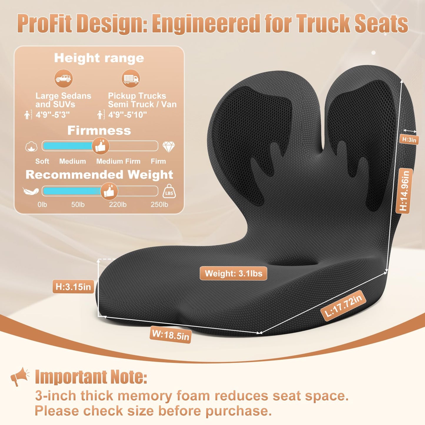 Ergonomic Memory Foam Seat Cushion with Lower Lumbar Support for Tailbone & Sciatica Pain Relief, 3" Lift Seat Cushion for Truck RV Office Wheelchair (Black Wings)