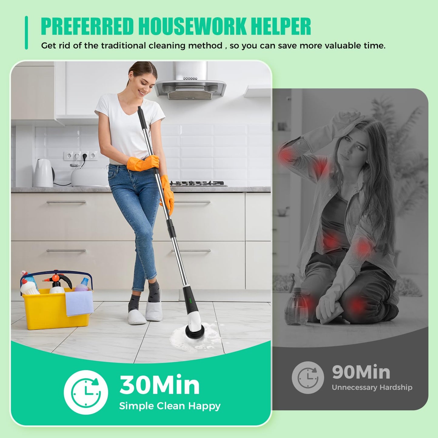 YKYI Electric Spin Scrubber, Cordless Cleaning Brush with 8 Replaceable Brush Heads, Power Scrubber with Adjustable Extension Handle for Bathroom, Tub, Tile, Floor and Kitchen Cleaning (White)