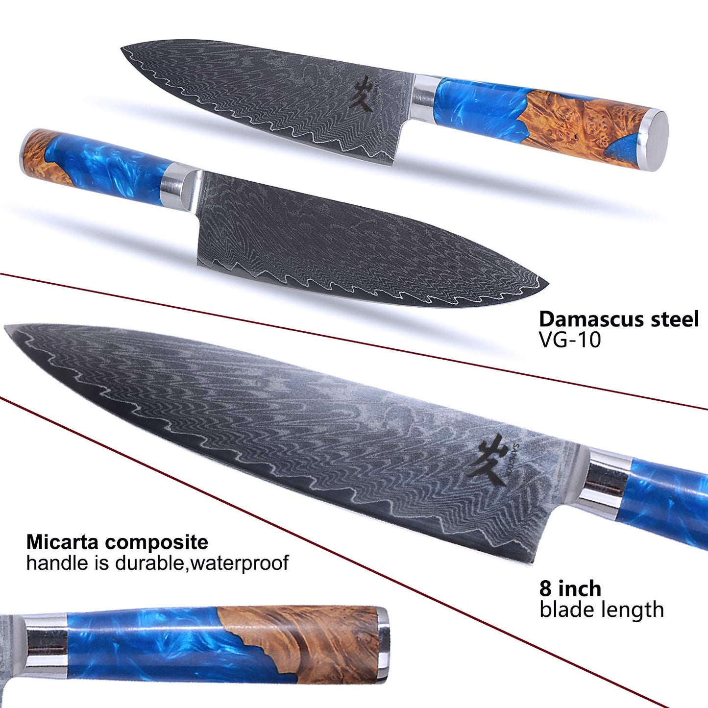 SAMCOOK Damascus Chef Knife - 8 Inch Professional Sharp Gyuto Knife - Japanese VG-10 High Carbon Stainless Steel Kitchen Cooking Knife - Ergonomic Blue Resin Wood Handle with Gift Box