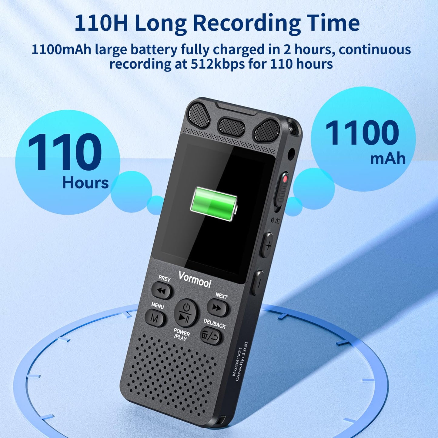96GB Voice Recorder with Playback - 110 Hours Ultra-Long Continuous Recording, Vormooi 1536Kbps Voice Activated Audio Recorder with External Microphone for Lecture Interview Meeting