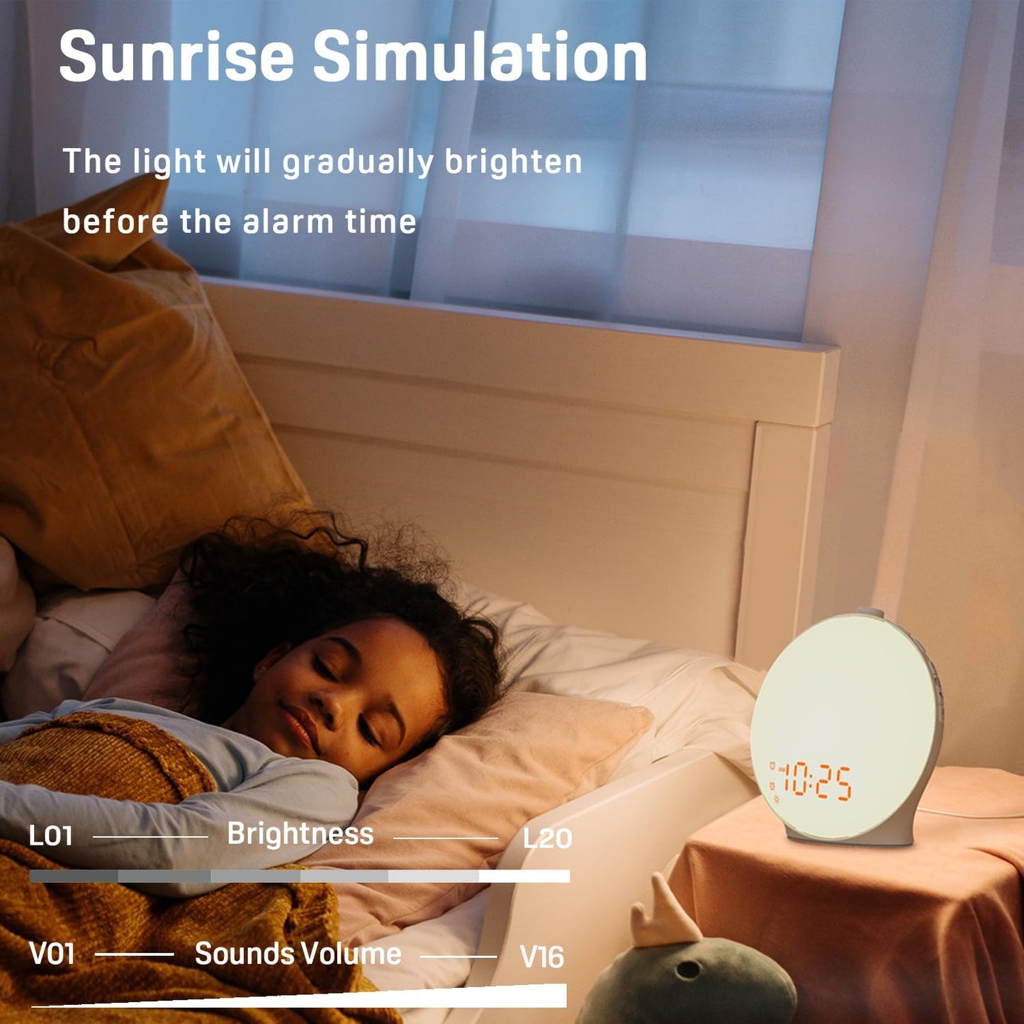 Wake Up Light Sunrise Alarm Clock for Kids, Heavy Sleepers, Bedroom, with Sunrise Simulation, Sleep Aid, Dual Alarms, FM Radio, Snooze, Nightlight, Daylight, 7 Colors, 7 Natural Sounds