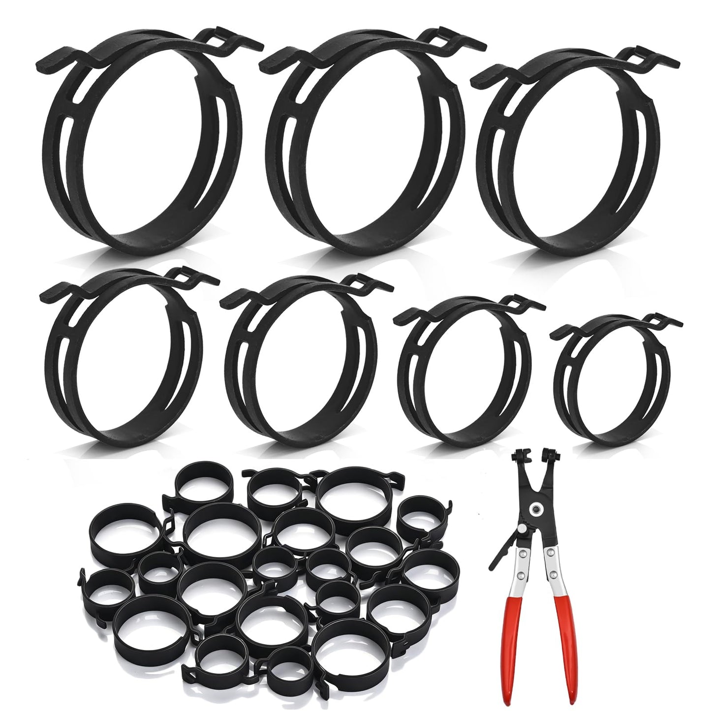 35Pcs 24-47mm Spring Band Hose Clamps with Swivel Flat Plier Assortment Kit, 7 Large Sizes Fuel Line Silicone Vacuum Tube Radiator Hose Black Steel Clamp,Low Pressure Air Clip,Water Pipe