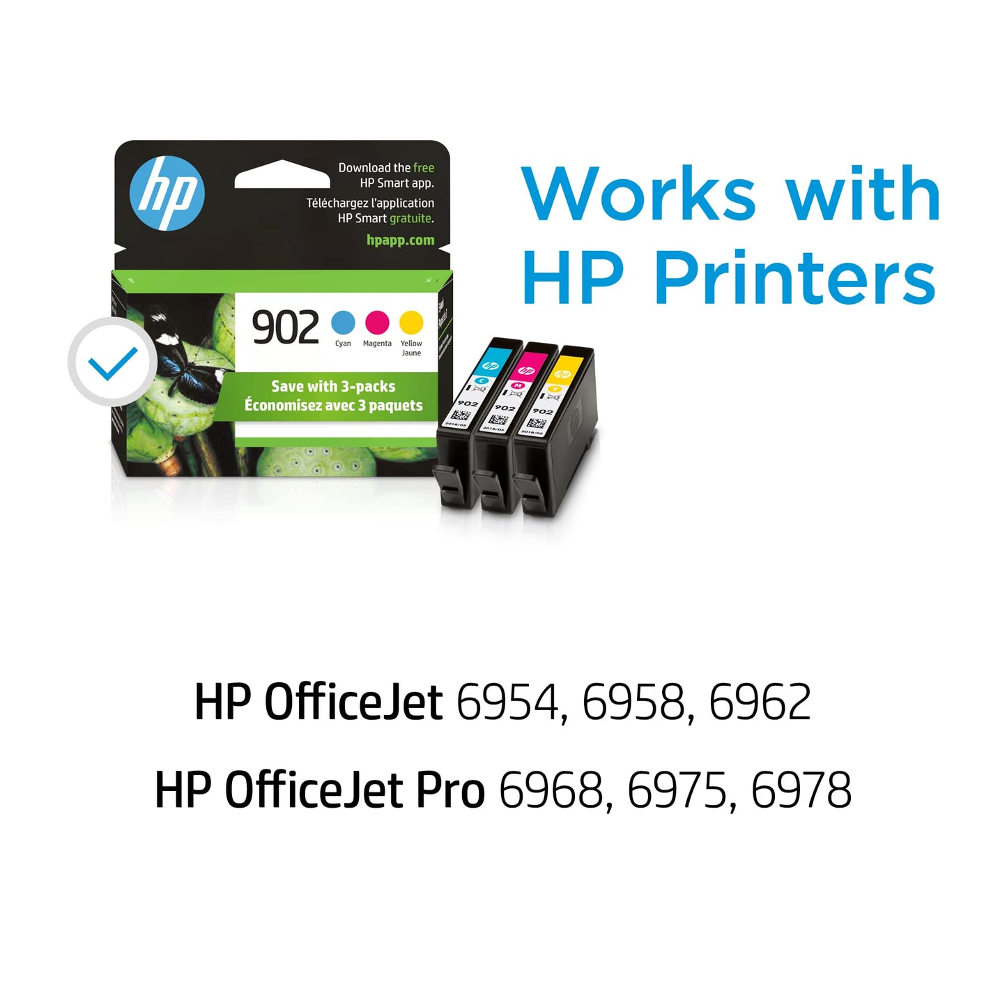HP 902 | 3 Ink Cartridges | Cyan, Magenta, Yellow | Works with HP OfficeJet 6900 Series, HP OfficeJet Pro 6900 Series | T6L86AN, T6L90AN, T6L94AN