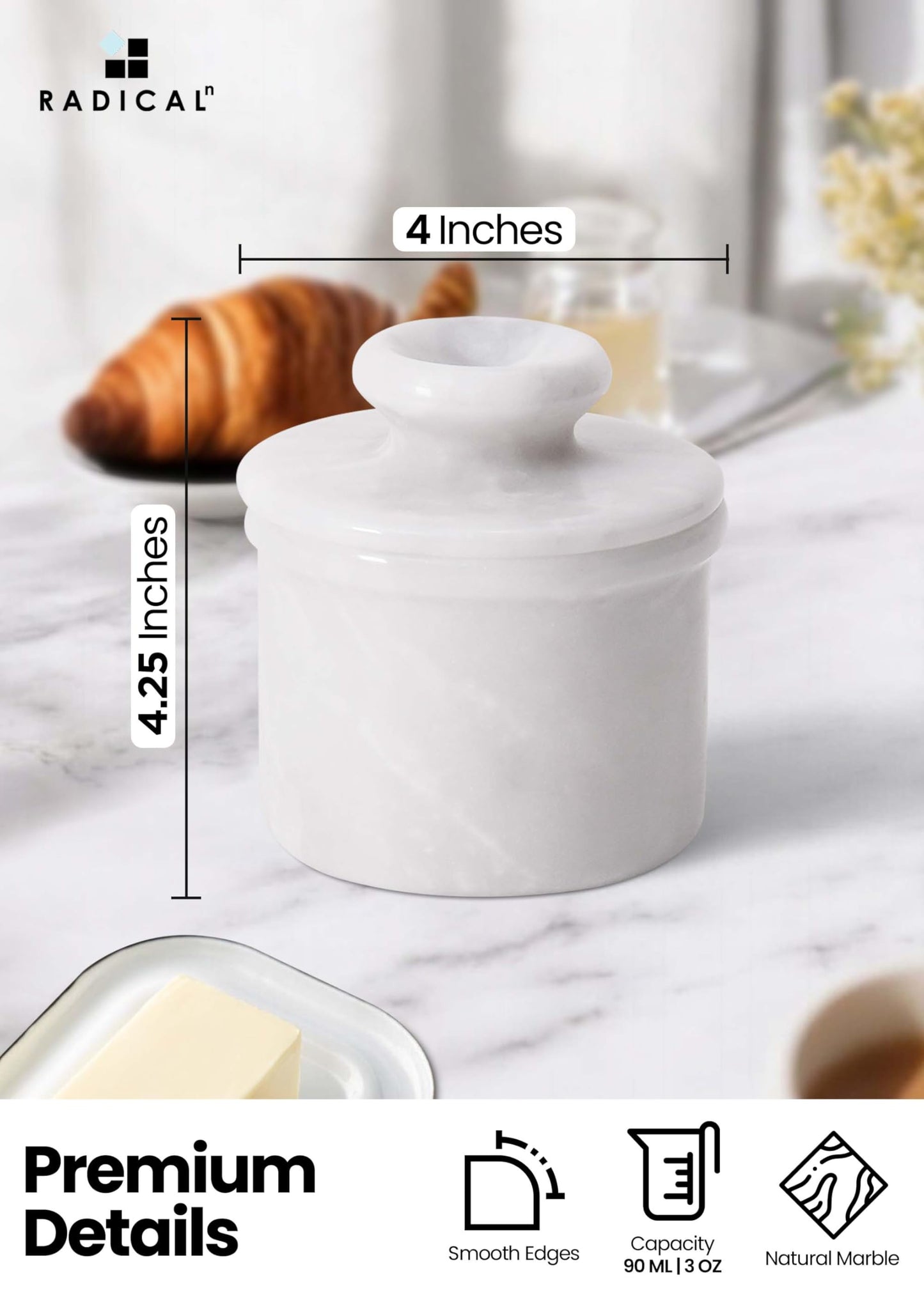 Radicaln Marble Butter Keeper White Cover Pot Handmade French Butter Storage - Crock Keeper for Kitchenware - Butter Dish