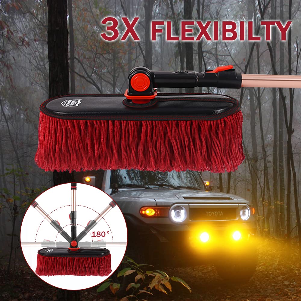 RIDE KINGS Car Duster Exterior Scratch Free,Car Dust Brush with Extendable Telescoping Handle to Remove Dust Pollen,Duster for Car,Truck,RV and Motorcycle,Large Auto Mop Duster Head, Wax Cotton Hair