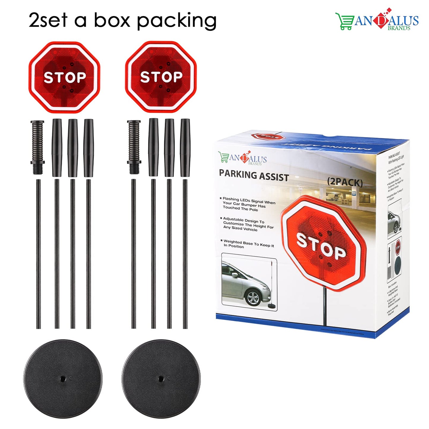 Andalus Brands Flashing Led Stop Sign Garage Parking Assistant System - Garage Car Stop Indicator - Driveway Markers and Car Gadgets - Parking Sensors for Vehicles - Bumper Guards for Cars (2-pack)