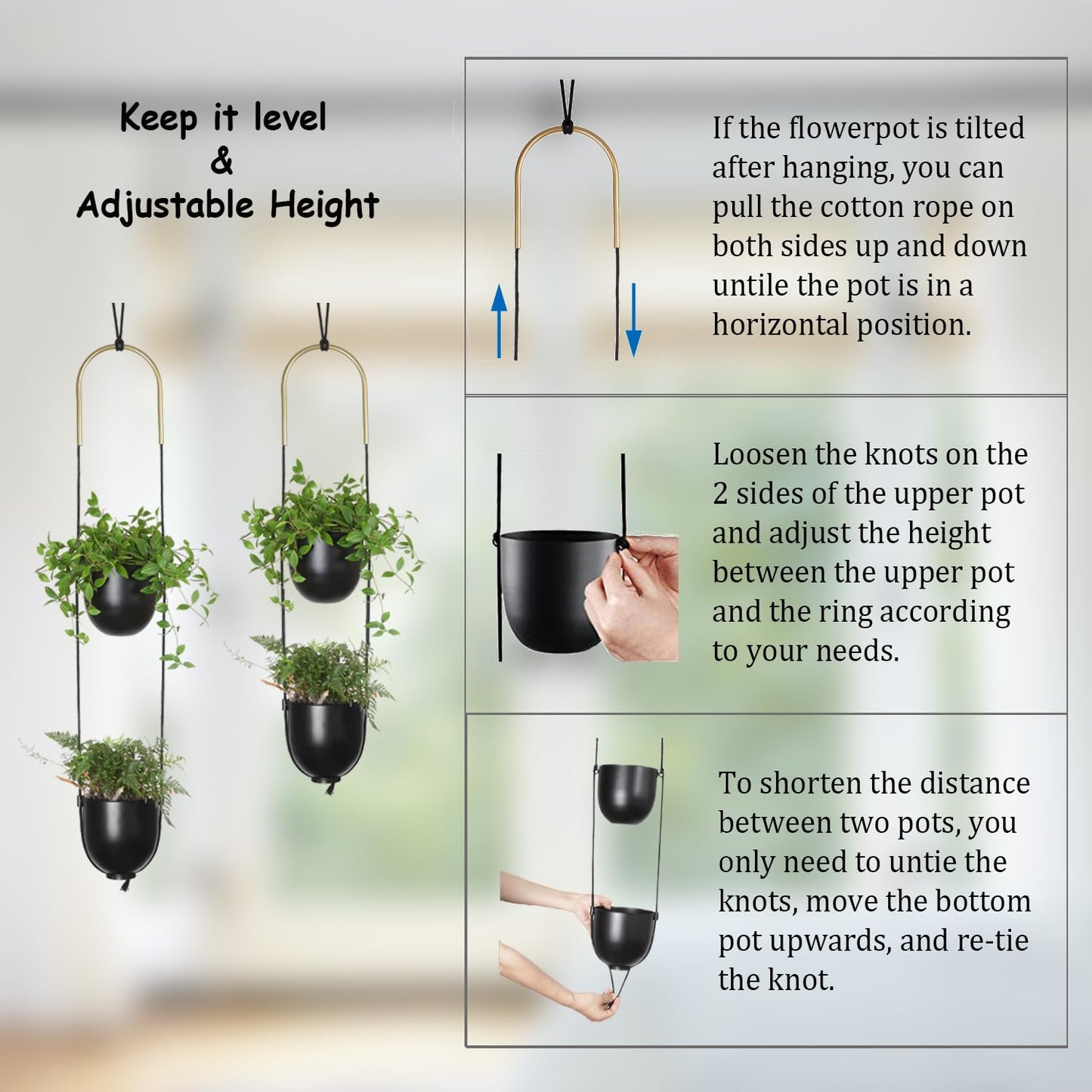 ABETREE Modern Metal Hanging Planter for Indoor Outdoor Plants with Hook 2 Tier Boho Wall and Ceiling Flower Pots Baskets Holder Home Office Decor(Black)