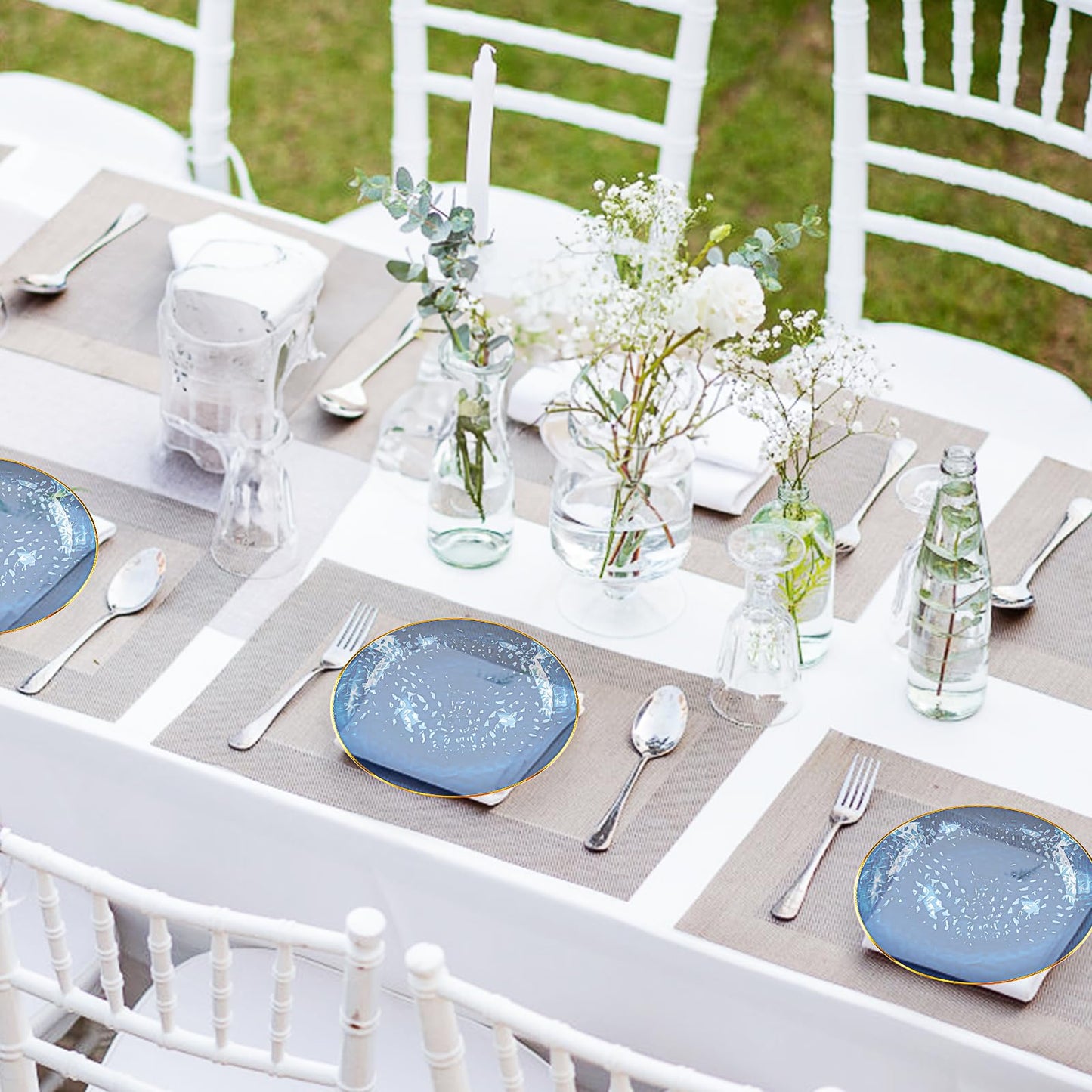 100 Pcs Clear Blue Plastic Plates, Fancy Disposable Plates with Gold Rim Include 10 inch, 7 inch Dinner Dessert Plate for Party Wedding