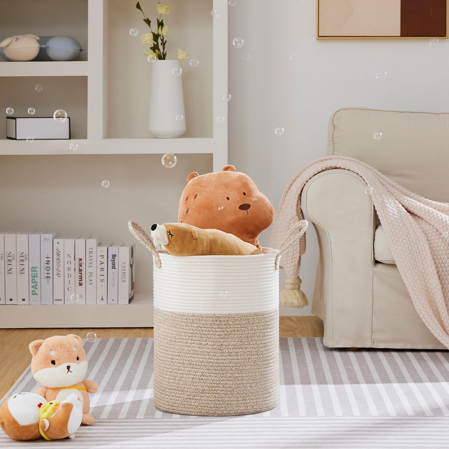 VIPOSCO Large Laundry Hamper, Tall Woven Rope Storage Basket for Blanket, Dirty Clothes in Living Room, Bathroom, Bedroom - 53L White & Brown
