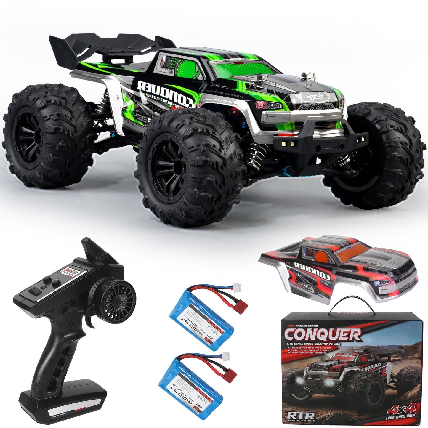GAMRUXI 1:16 Scale 4WD High-Speed RC Car, 40+KM/H Off-Road Remote Control Truck for Adults & Teens - All Terrain Electric Vehicle with 2 Rechargeable Batteries & 2.4GHz - Gift Idea(Green&Red)
