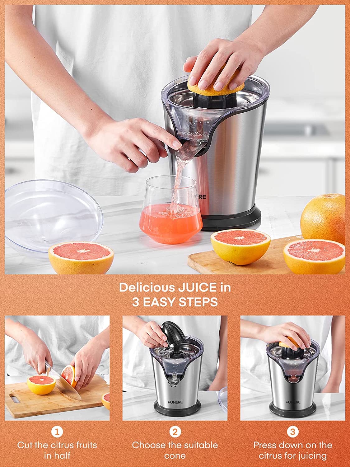 FOHERE Electric Citrus Juicer, Orange Juicer Machine with 2 Size Cones, Stainless Steel Citrus Press Juicer for Orange Lemon Grapefruit Lime, Compact Juicer Squeezer, Anti-Drip Spout & Ultra Quiet Motor