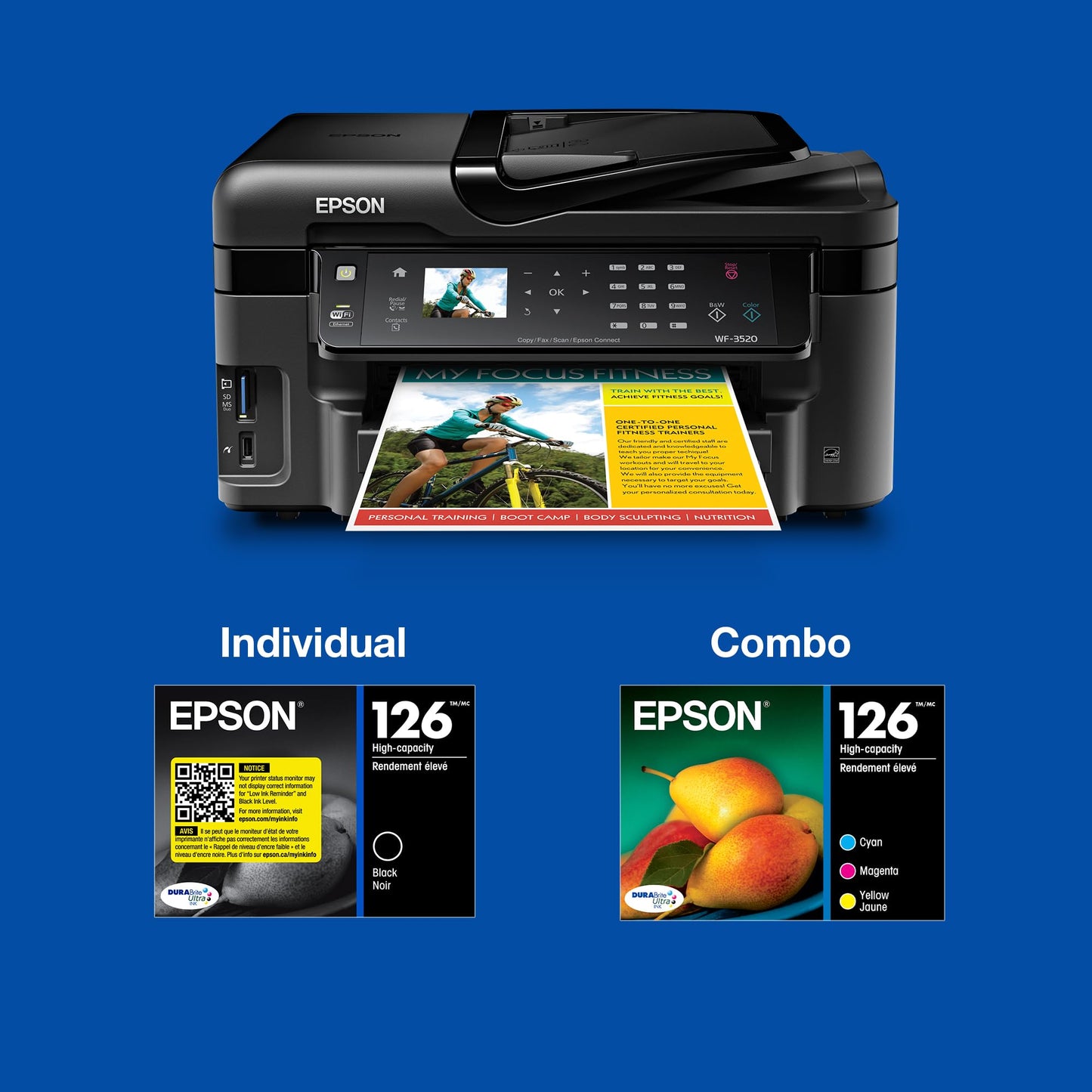 Epson 126 DURABrite Ultra Ink Cyan Cartridge for WF-3520, 3530, 3540, 520, 545, 630, 633, 635, 645, 7010, 7510, 7520, 840, 845 and Other Select Models