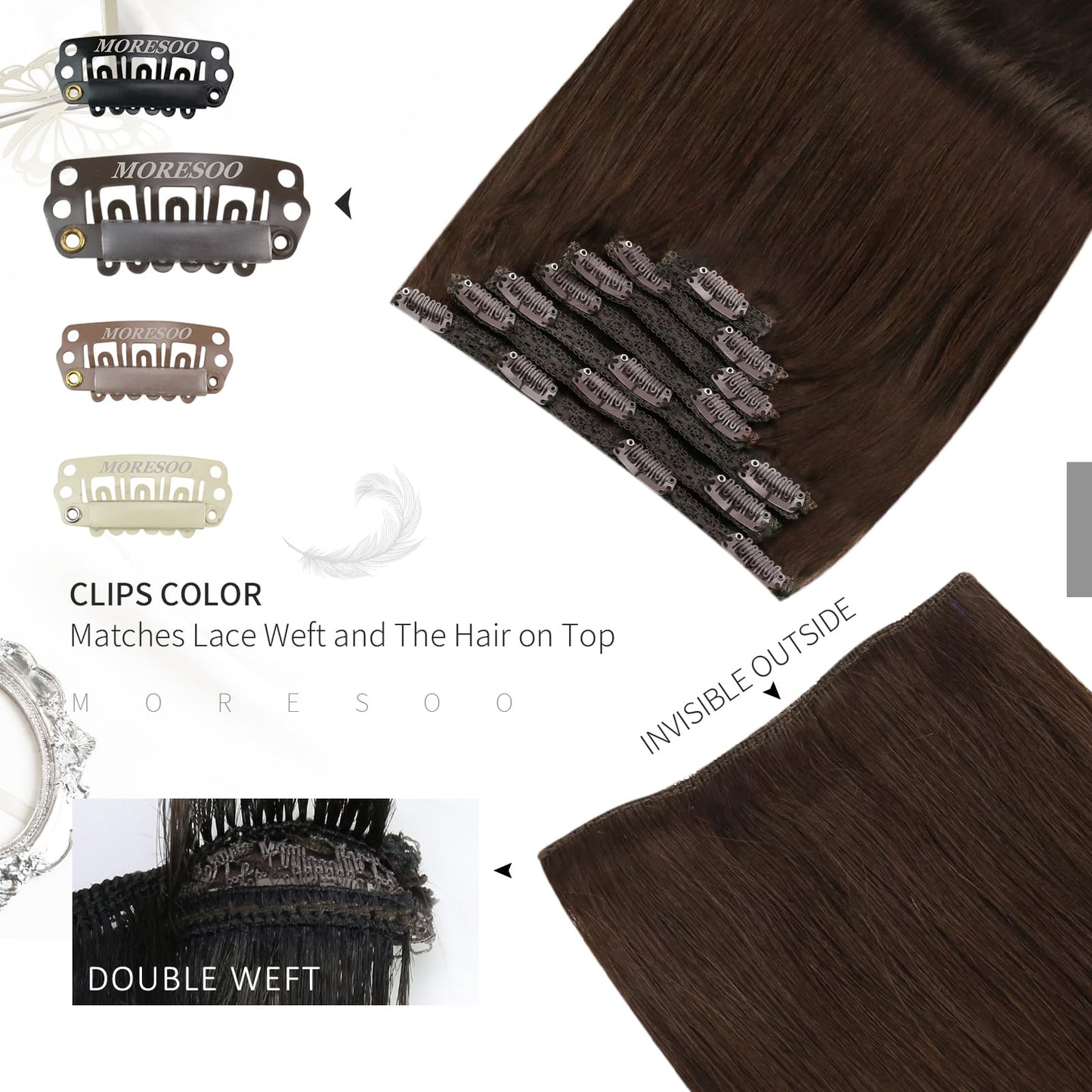Moresoo Clip in Hair Extensions Human Hair Dark Brown Remy Hair Clip in Extensions for Women Double Weft Full Head Straight and Smooth 120G 7Pcs 18In